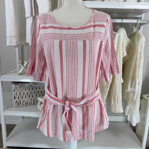 Liz Claiborne women's size medium 100% linen salmon pink & white top #2590 - Picture 1 of 12